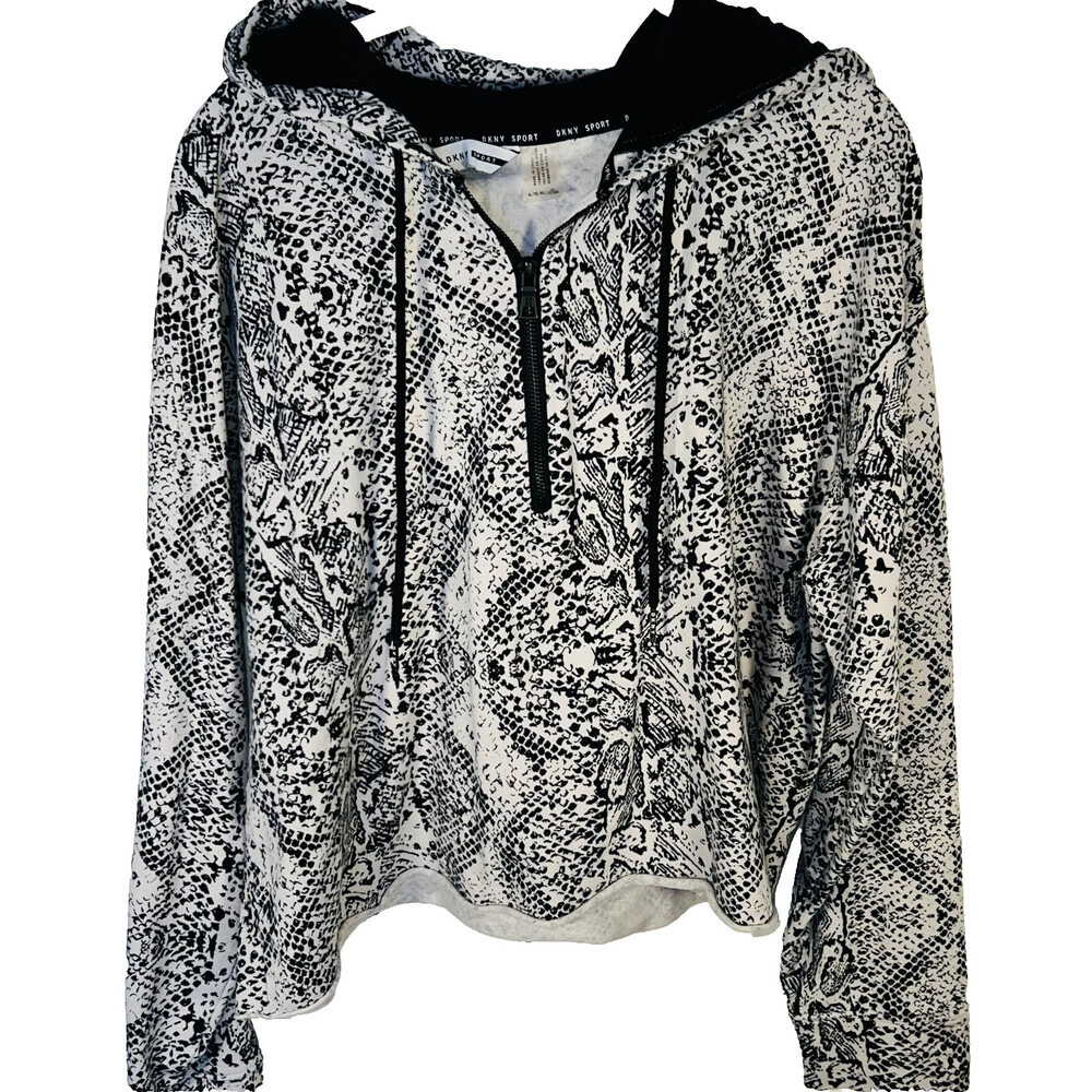 DKNY Sport -Women's XL Hooded Sweatshirt Python Snake Print Bkack White 1/2 Zip